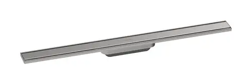Lange Duschrinne aus gebürstetem Edelstahl, geeignet für den Einbau in die Dusche, markiert mit dem Logo von Hansgrohe.